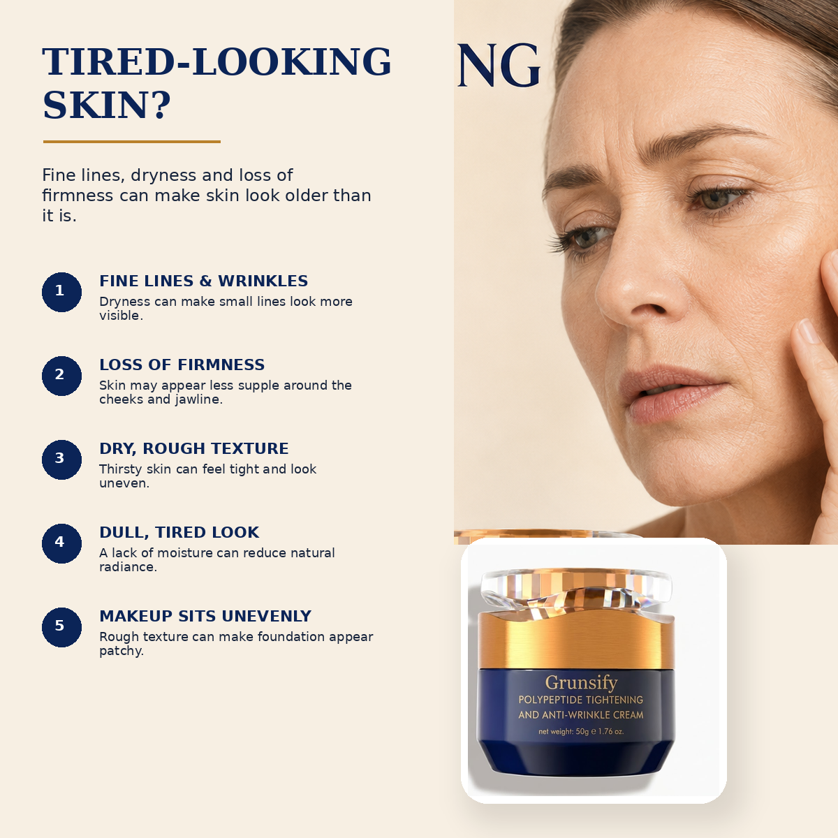 Visible signs of dry, tired-looking skin