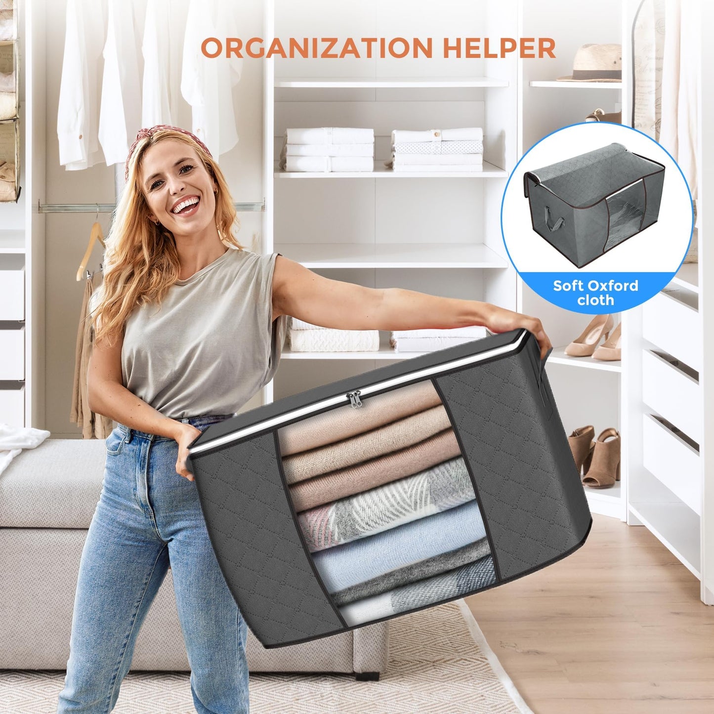 6Pcs 90L Large Storage Bags, Foldable Closet Organizers Storage Containers with Durable Handles for Clothing, Blanket, Comforters, Bed Sheets, Pillows and Toys