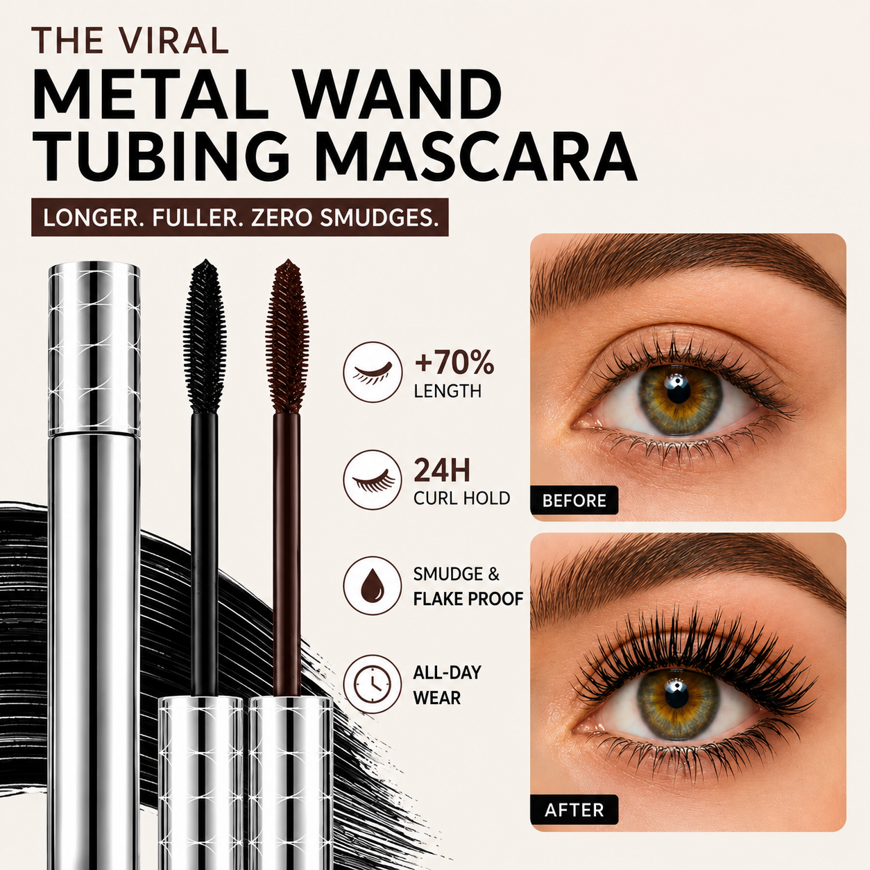 Metal Wand Tubing Mascara – 24H Smudge-Proof Length & Curl ✨👁️🖤