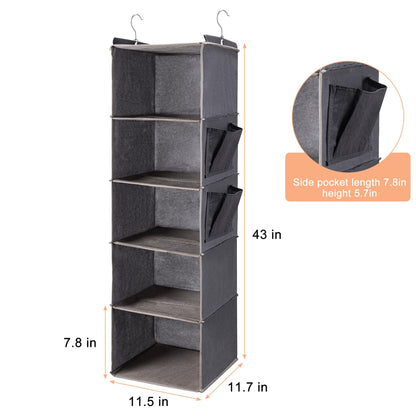 Hanging Closet Organize and Shelves，5-Hanging Shelf with 2 Side Pockets，Storage Foldable