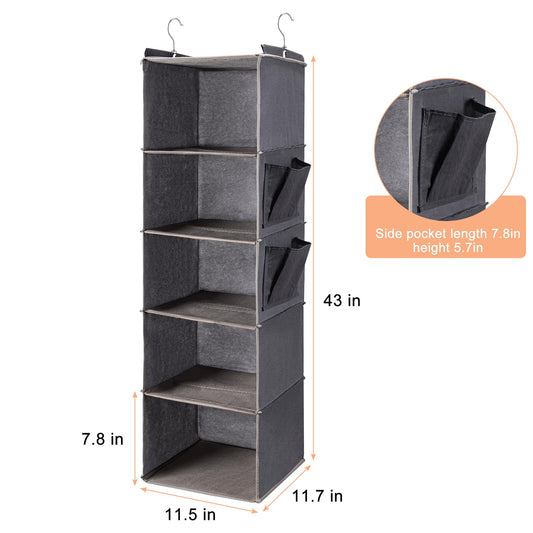 Hanging Closet Organize and Shelves，5-Hanging Shelf with 2 Side Pockets，Storage Foldable