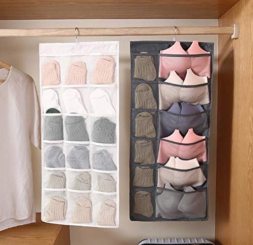 Closet Hanging Organizer with Mesh Pockets & Rotating Metal Hanger,Dual Sided Wall Shelf Wardrobe Storage Bags,Oxford Cloth Space Saver Bag(white,30 Pocket)