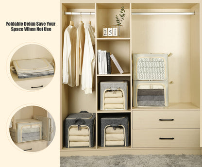 3 Openings Clothes Storage Bins with Metal Frame, Foldable Storage Bin for Clothes, Clothing Storage Bins with Lid, Linen Storage Box With Clear Window＆ Zippers＆ Durable Handles