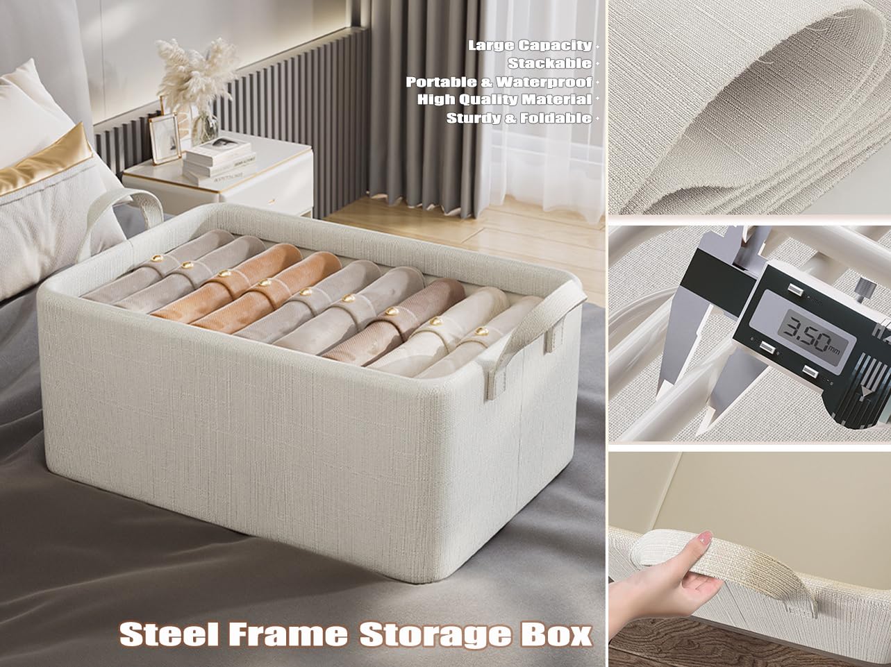 Closet Clothes Organizer with Handle, Fabric Storage Box with Steel Frame Stackable Shelf Storage Baskets