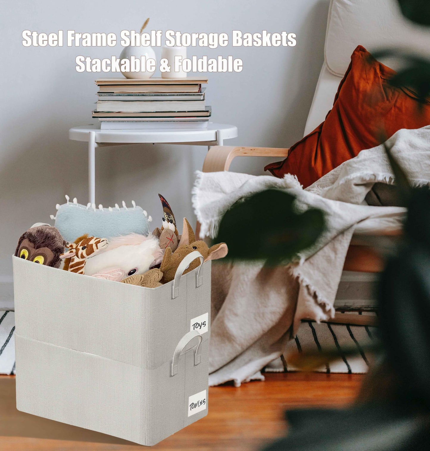 Closet Clothes Organizer with Handle, Fabric Storage Box with Steel Frame Stackable Shelf Storage Baskets