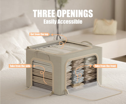3 Openings Clothes Storage Bins with Metal Frame, Foldable Storage Bin for Clothes, Clothing Storage Bins with Lid, Linen Storage Box With Clear Window＆ Zippers＆ Durable Handles