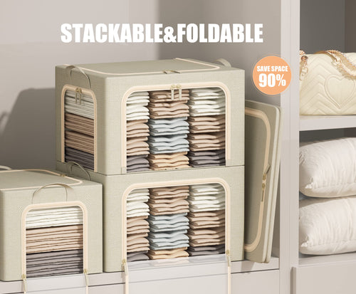 3 Openings Clothes Storage Bins with Metal Frame, Foldable Storage Bin for Clothes, Clothing Storage Bins with Lid, Linen Storage Box With Clear Window＆ Zippers＆ Durable Handles