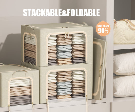 3 Openings Clothes Storage Bins with Metal Frame, Foldable Storage Bin for Clothes, Clothing Storage Bins with Lid, Linen Storage Box With Clear Window＆ Zippers＆ Durable Handles