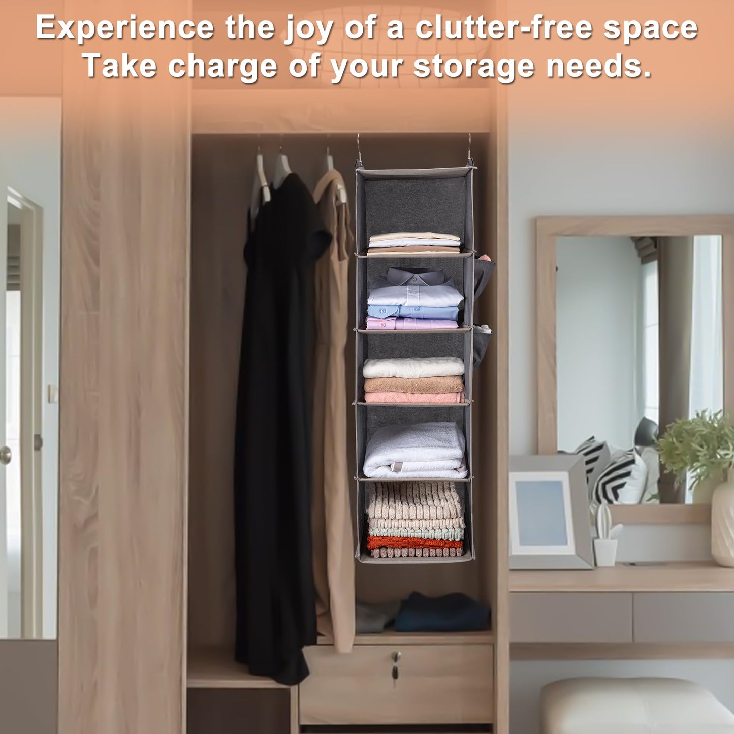Hanging Closet Organize and Shelves，5-Hanging Shelf with 2 Side Pockets，Storage Foldable