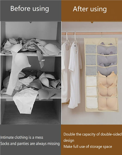 Closet Hanging Organizer with Mesh Pockets & Rotating Metal Hanger,Dual Sided Wall Shelf Wardrobe Storage Bags,Oxford Cloth Space Saver Bag(white,30 Pocket)