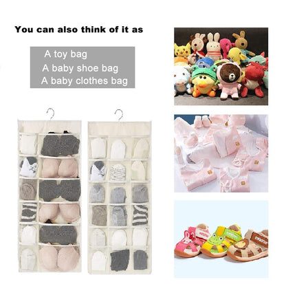 Closet Hanging Organizer with Mesh Pockets & Rotating Metal Hanger,Dual Sided Wall Shelf Wardrobe Storage Bags,Oxford Cloth Space Saver Bag(white,30 Pocket)