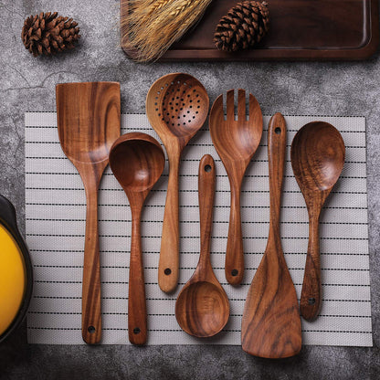 Wooden Non-Stick Kitchen Pan Toolset 7 Pieces Set,100% Natural Teak Kitchen Utensils Spatula, Wooden Cooking Utensils Spoons, Fried Spatula and Salad Fork