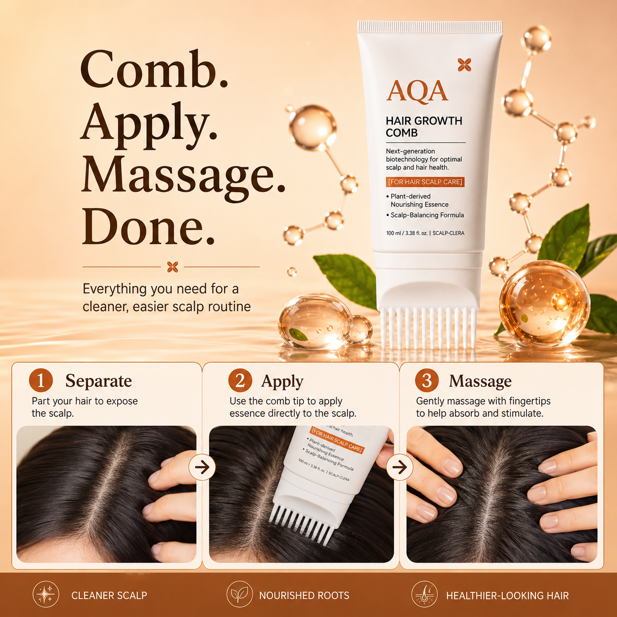Comb apply and massage three-step scalp routine