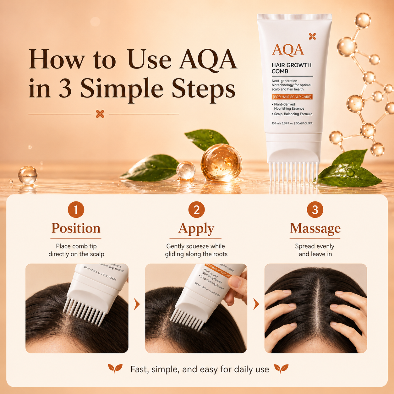 How to use AQA Hair Growth Comb in three steps