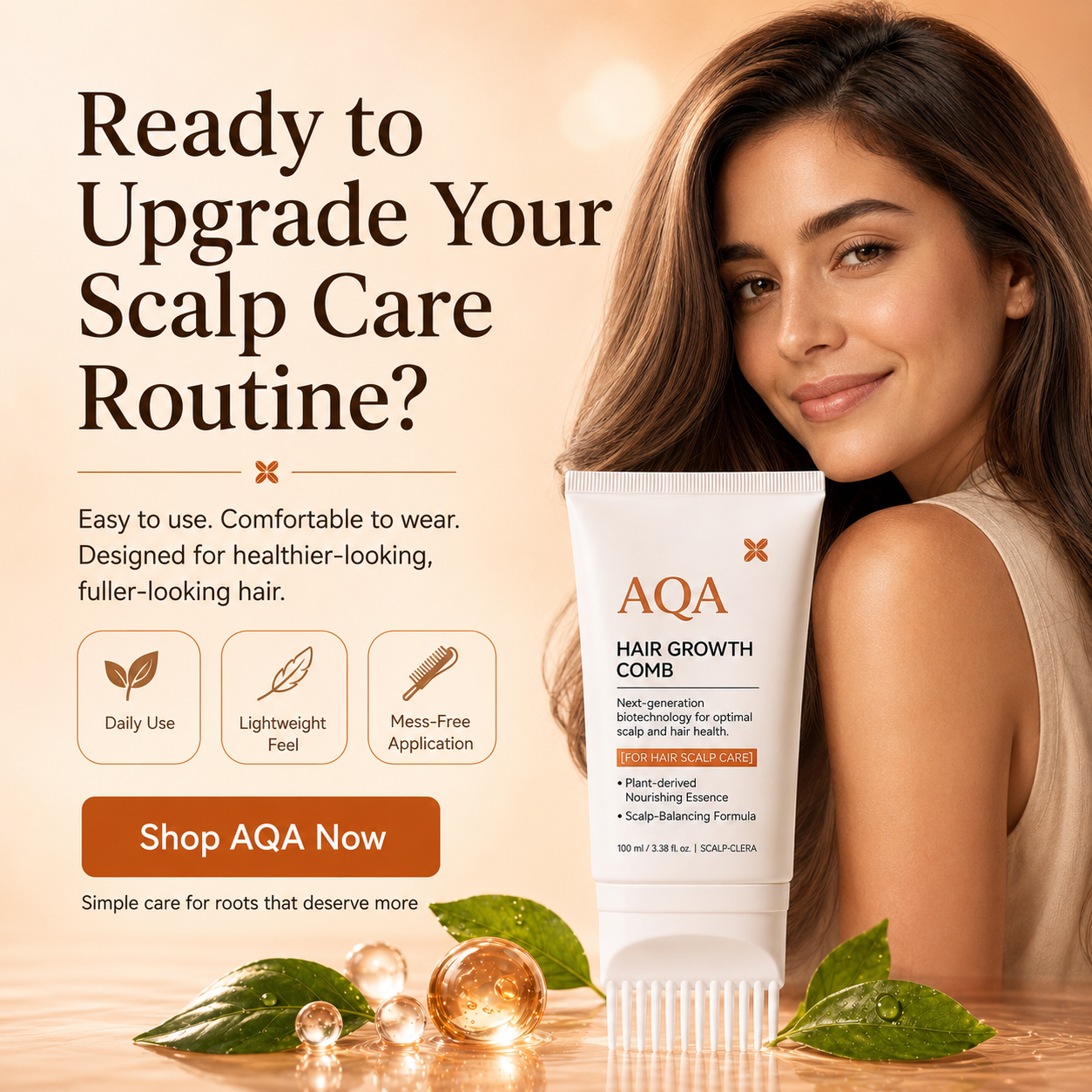 Woman with healthy-looking hair and AQA scalp-care product