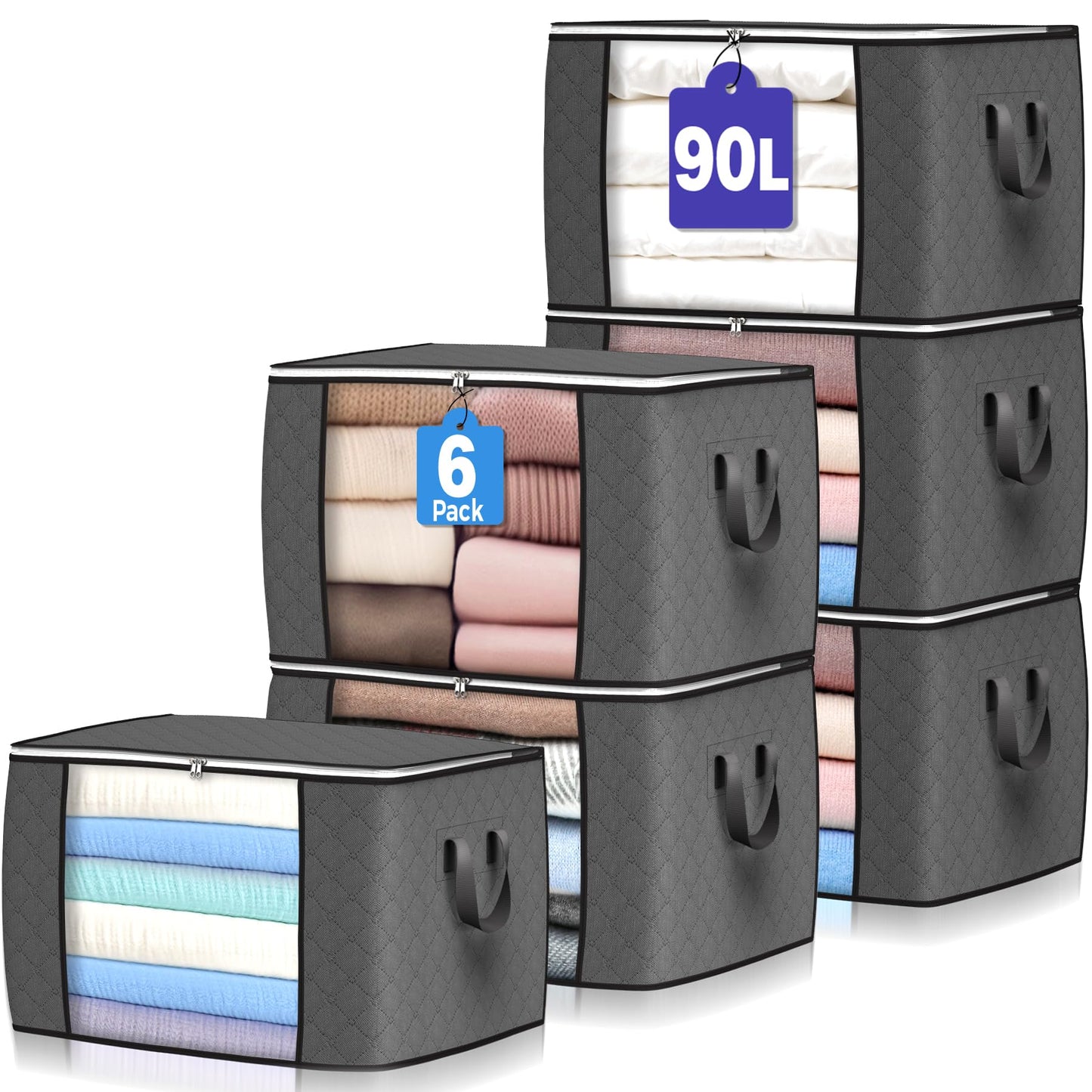 6Pcs 90L Large Storage Bags, Foldable Closet Organizers Storage Containers with Durable Handles for Clothing, Blanket, Comforters, Bed Sheets, Pillows and Toys