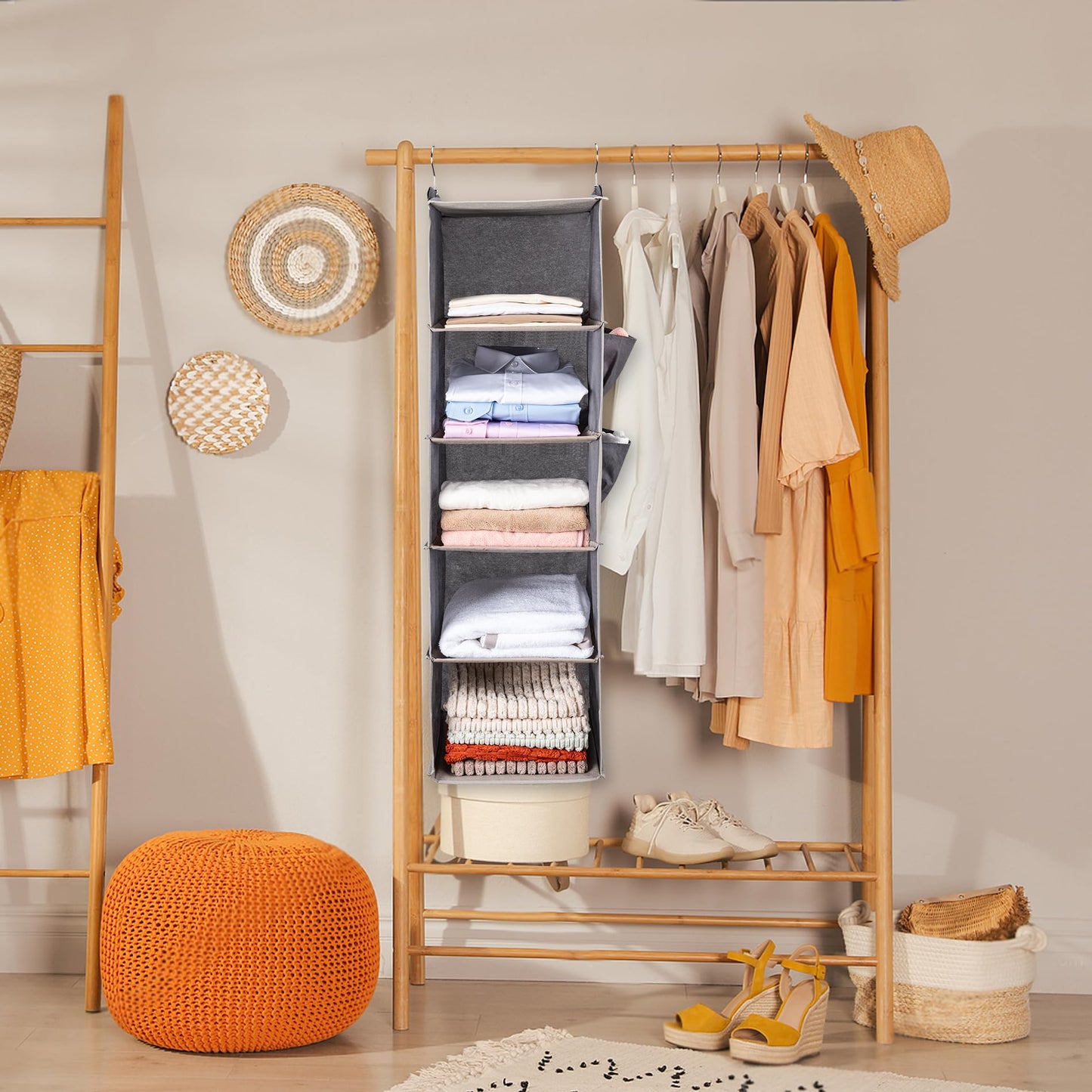 Hanging Closet Organize and Shelves，5-Hanging Shelf with 2 Side Pockets，Storage Foldable