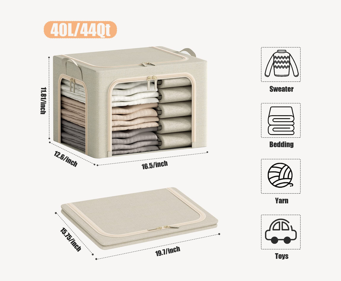3 Openings Clothes Storage Bins with Metal Frame, Foldable Storage Bin for Clothes, Clothing Storage Bins with Lid, Linen Storage Box With Clear Window＆ Zippers＆ Durable Handles