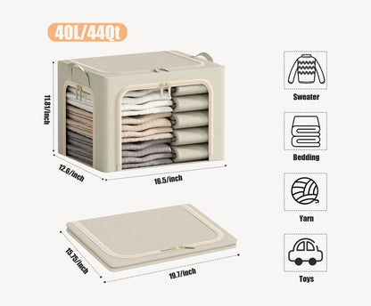 3 Openings Clothes Storage Bins with Metal Frame, Foldable Storage Bin for Clothes, Clothing Storage Bins with Lid, Linen Storage Box With Clear Window＆ Zippers＆ Durable Handles