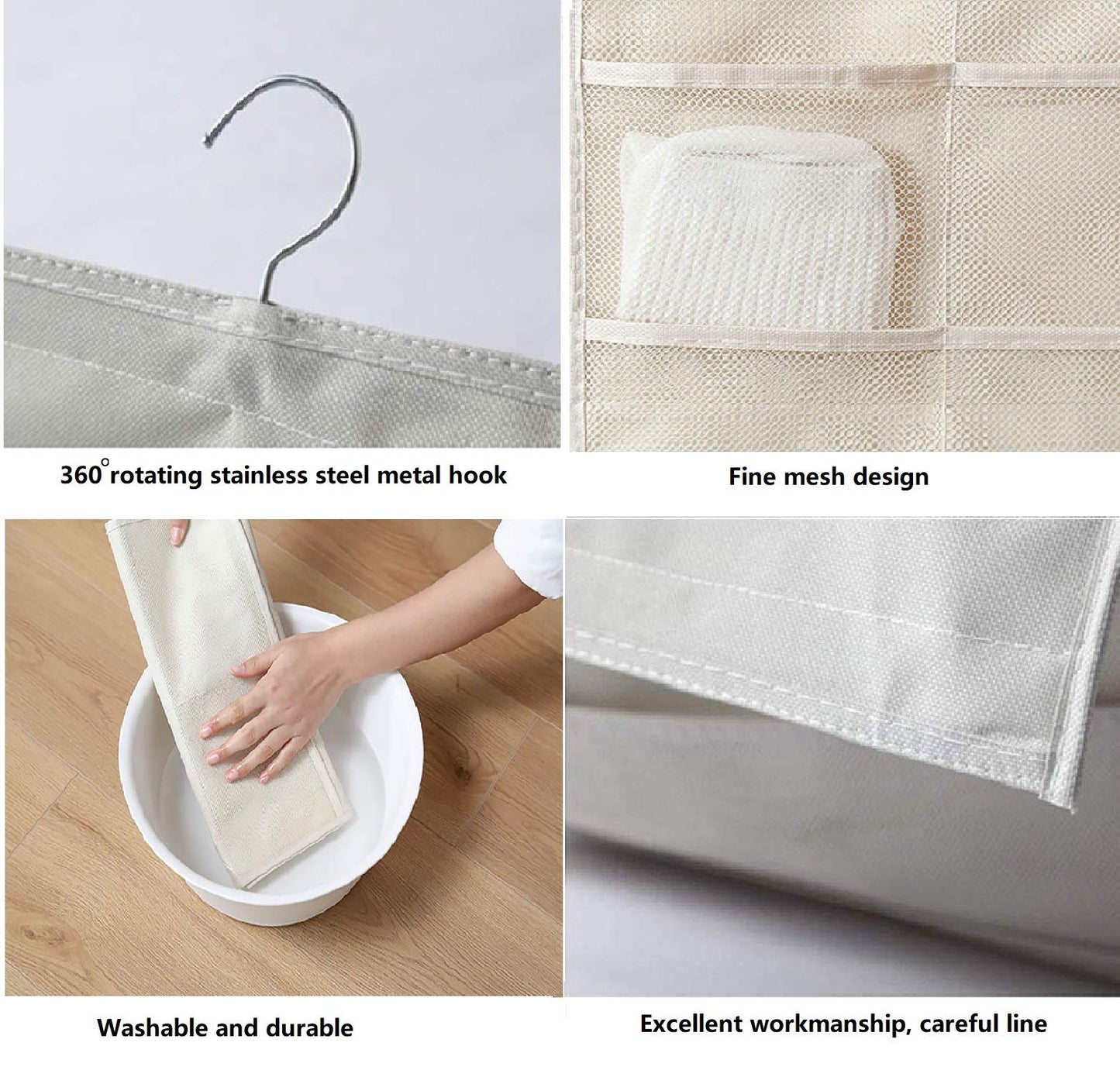 Closet Hanging Organizer with Mesh Pockets & Rotating Metal Hanger,Dual Sided Wall Shelf Wardrobe Storage Bags,Oxford Cloth Space Saver Bag(white,30 Pocket)