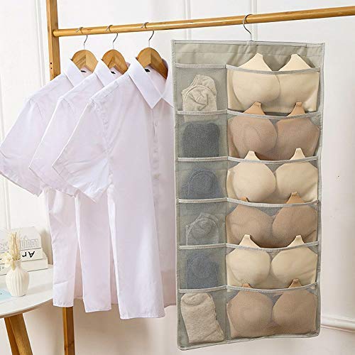 Closet Hanging Organizer with Mesh Pockets & Rotating Metal Hanger,Dual Sided Wall Shelf Wardrobe Storage Bags,Oxford Cloth Space Saver Bag(white,30 Pocket)