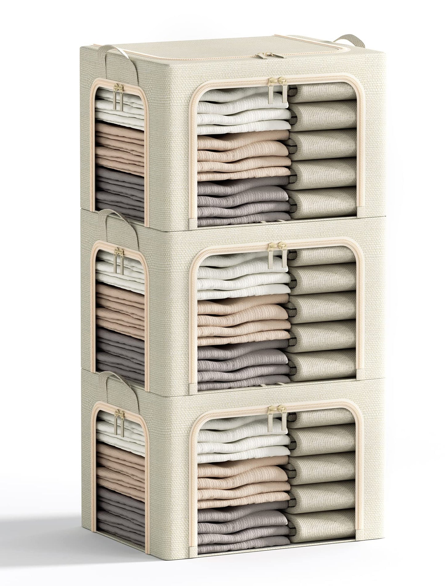 3 Openings Clothes Storage Bins with Metal Frame, Foldable Storage Bin for Clothes, Clothing Storage Bins with Lid, Linen Storage Box With Clear Window＆ Zippers＆ Durable Handles