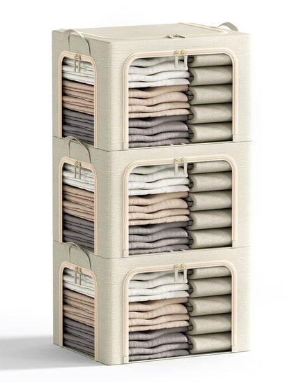 3 Openings Clothes Storage Bins with Metal Frame, Foldable Storage Bin for Clothes, Clothing Storage Bins with Lid, Linen Storage Box With Clear Window＆ Zippers＆ Durable Handles