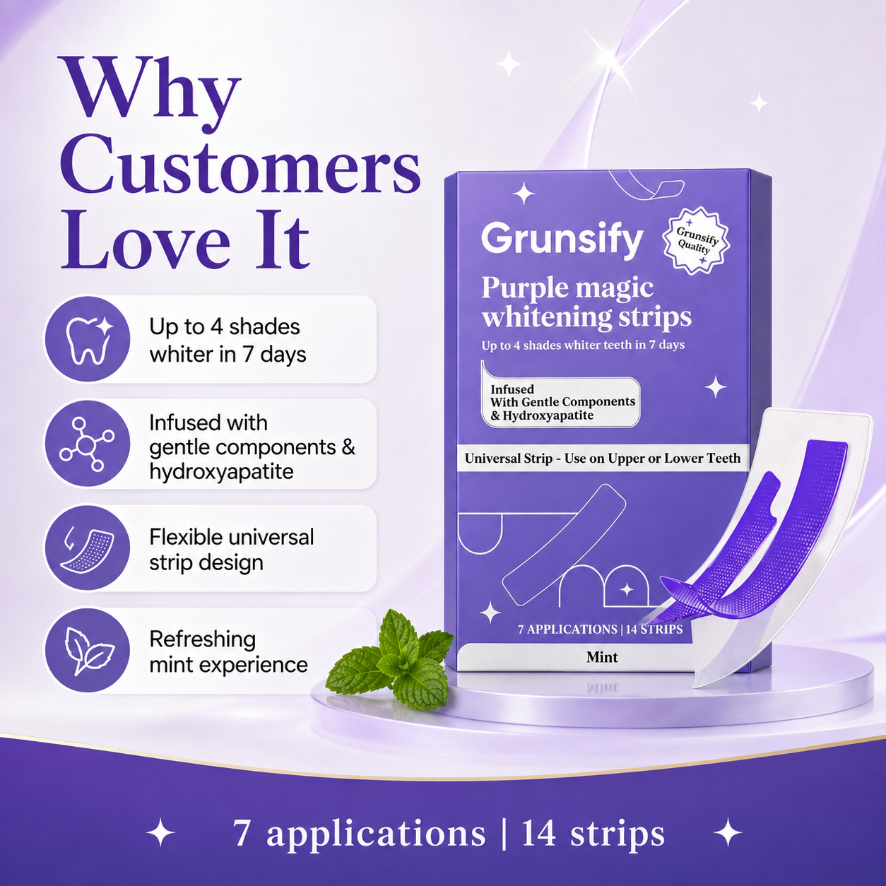 Core benefits and contents of Grunsify Purple Magic Whitening Strips