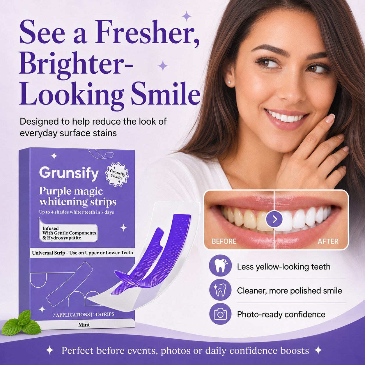 🔥BUY 1 GET 1 FREE! 💜 Purple Magic Teeth Whitening Strips ✨ Instant Smile!
