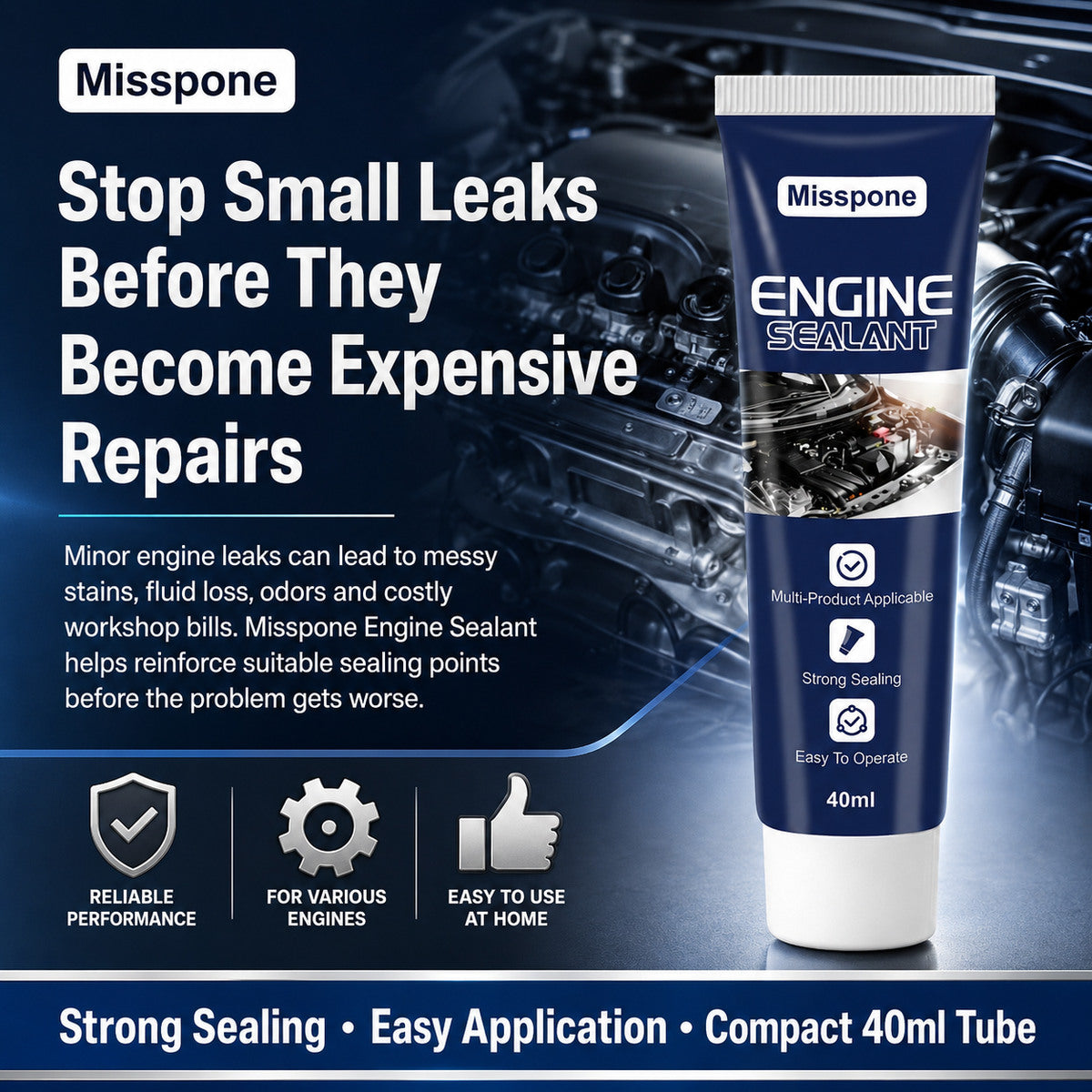 Misspone Engine Sealant shown beside an automotive engine