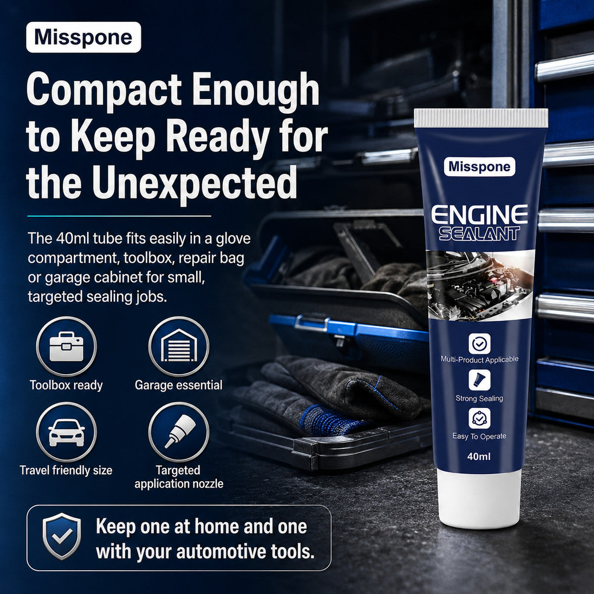 Compact Misspone Engine Sealant stored with automotive tools