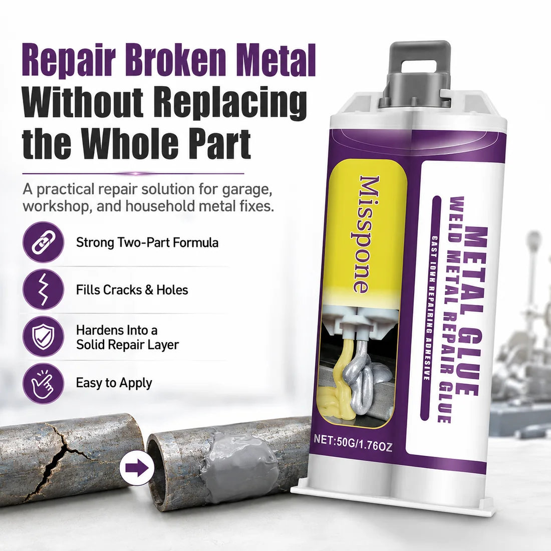 Misspone two-part metal repair glue beside a repaired metal pipe