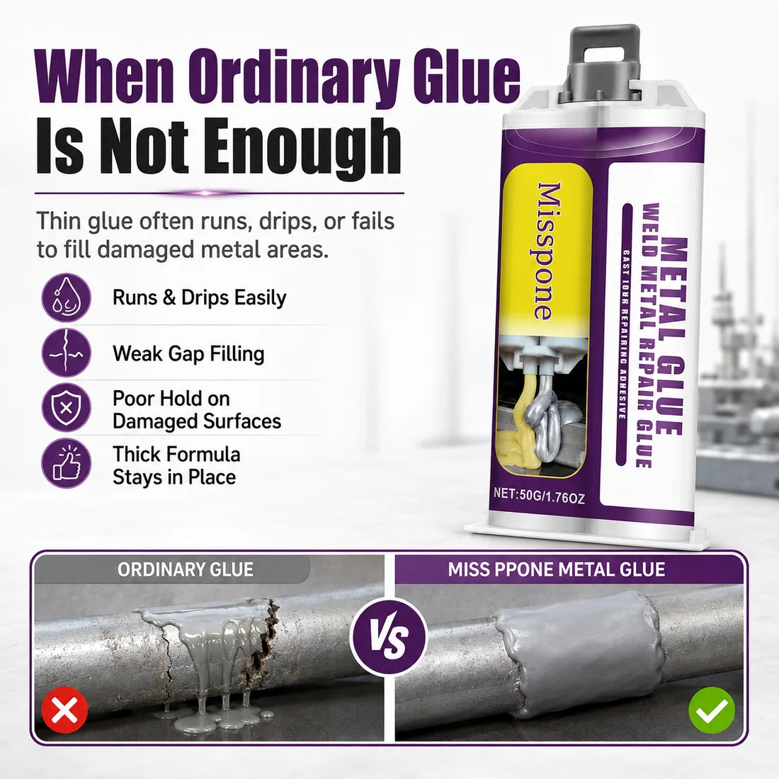 Comparison of runny ordinary glue and thick Misspone metal repair glue