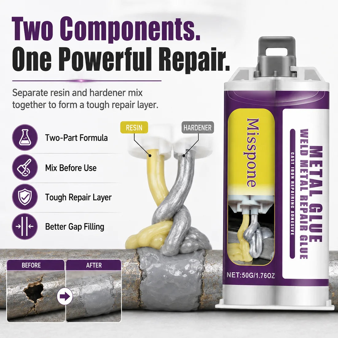 Misspone resin and hardener mixing to form metal repair material