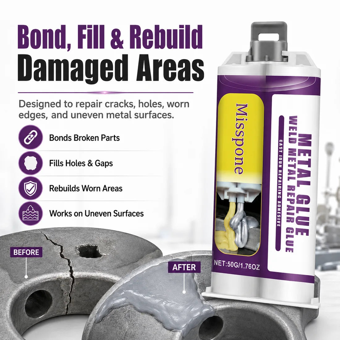 Misspone metal repair glue filling and rebuilding a damaged metal part