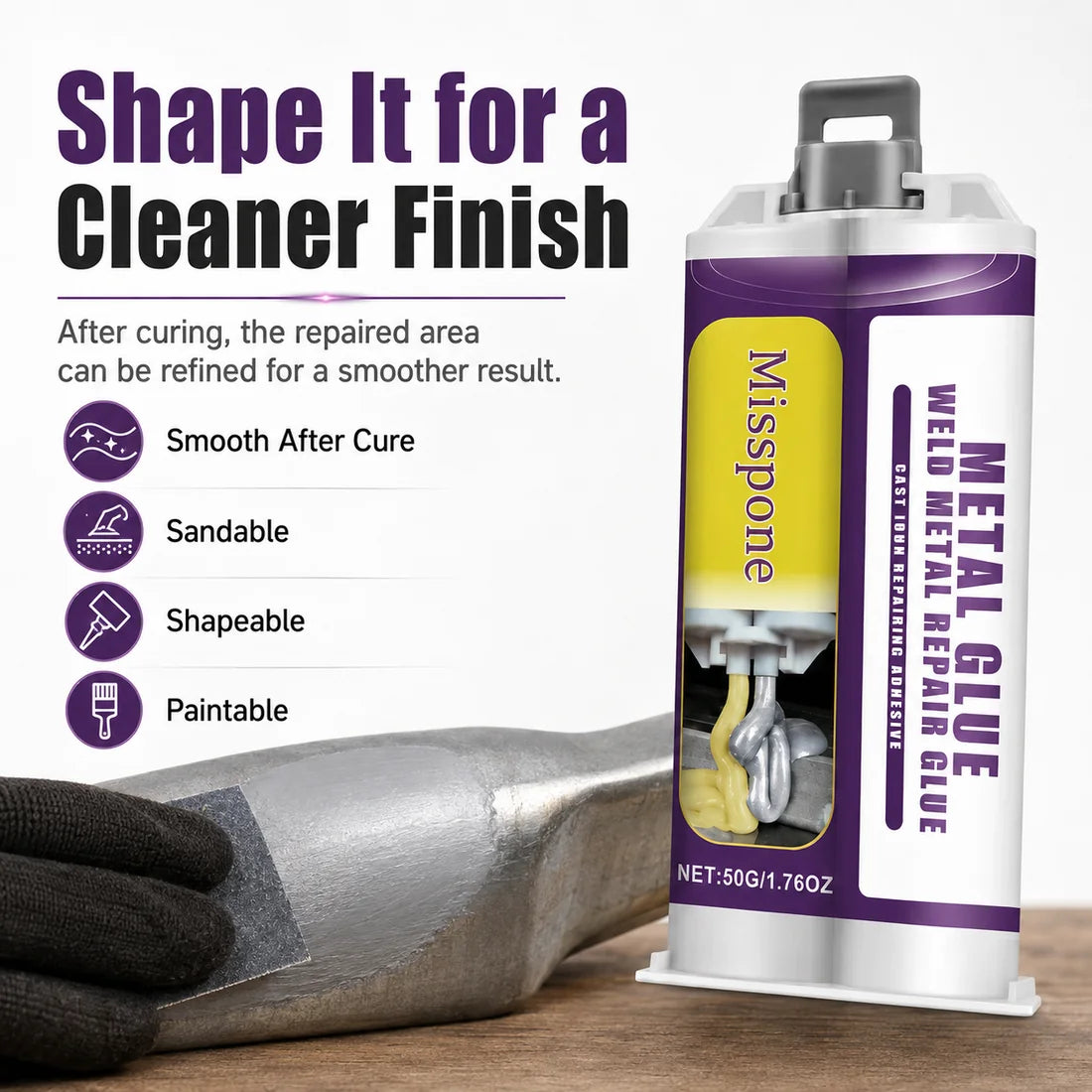Sanding cured Misspone metal repair material for a cleaner finish
