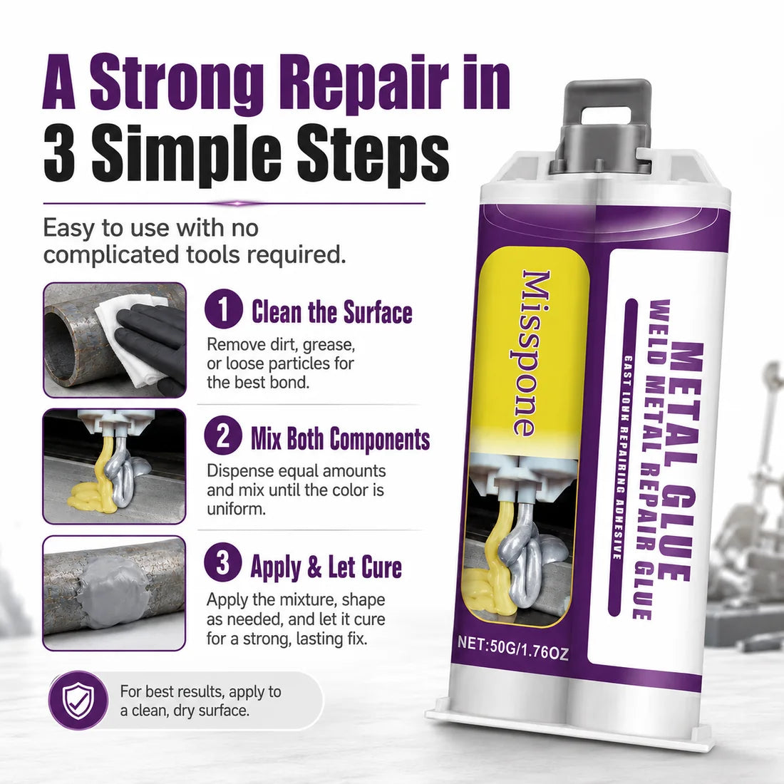 Three steps for using Misspone metal repair glue